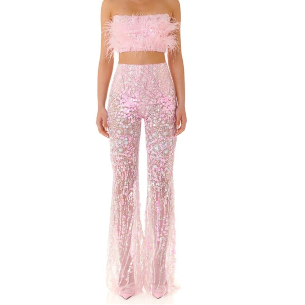 3 piece set - Pink Sequin High-Waist Flared Pants cropped tube top and blazer